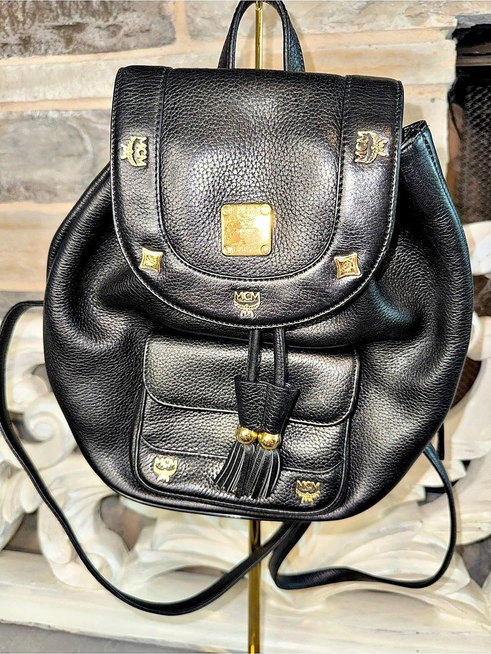MCM Vintage Black Pebbled Leather Drawstring Backpack